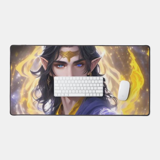 Fantasy Elven Mage: Dunkles Haar & Feuriges Hinter Schreibtischunterlage (Tastatur & Maus)