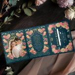 Fantasy Enchanted Blumengarten Hochzeit Dreifach Gefaltete Einladung<br><div class="desc">Dieses elegante, skurrile, fantasy-verzauberte Blumengarten-Design eignet sich ideal für ein bezauberndes Waldfest oder ein Party im Garten. Dieses Design ist mit rosa und lila Blumenelementen in einem Rahmen aus grünen Blätter und Goldakzenten vor einem aquamarinen Hintergrund gestaltet. Matching Artikel in unserem Shop für ein komplettes Party Thema. Das Gold in...</div>
