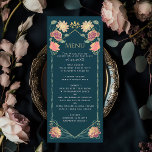 Fantasy Enchanted Blumengarten Hochzeit Menükarte<br><div class="desc">Dieses elegante, skurrile, fantasy-verzauberte Blumengarten-Design eignet sich ideal für ein bezauberndes Waldfest oder ein Party im Garten. Dieses Design ist mit rosa und lila Blumenelementen in einem Rahmen aus grünen Blätter und Goldakzenten vor einem aquamarinen Hintergrund gestaltet. Matching Artikel in unserem Shop für ein komplettes Party Thema. Das Gold in...</div>