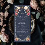 Fantasy Enchanted Blumengarten Hochzeit Menükarte<br><div class="desc">Dieses elegante, skurrile, fantasy-verzauberte Blumengarten-Design eignet sich ideal für ein bezauberndes Waldfest oder ein Party im Garten. Die rosa und rosa Blumenelemente in einem Rahmen aus grünen Blätter und goldenen Akzenten vor blauem Hintergrund. Matching Artikel in unserem Shop für ein komplettes Party Thema. Das Gold in diesem Artikel ist KEINE...</div>