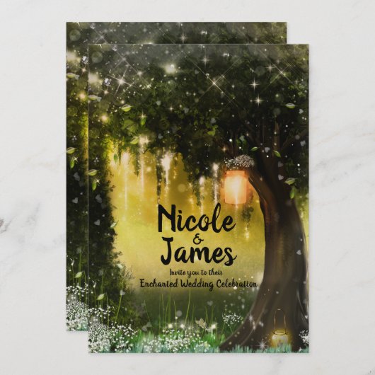Fantasy Enchanted Green Sparkle Forest Wedding Einladung (Vorne/Hinten)
