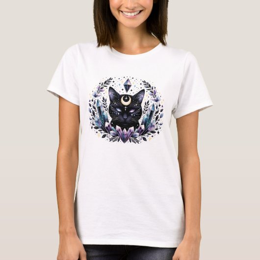 Fantasy Esoteric Crystal Black Cat T-Shirt (Vorderseite)
