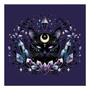 Fantasy Esoterischer Kristall Schwarze Katze Poster