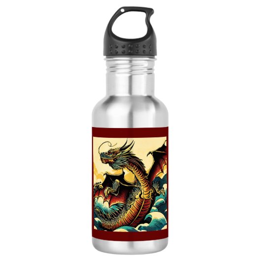 Fantasy European Dragon - Holzschnitt 2 Edelstahlflasche (Vorderseite)