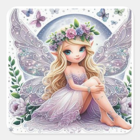 Fantasy Fairy: Eine zarte Fee mit glitzerndem Wi Quadratischer Aufkleber (Vorderseite)