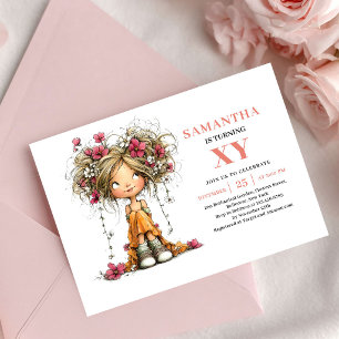 Fantasy Feeen Mädchen 4. Geburtstag Pink Floral Ei Einladung