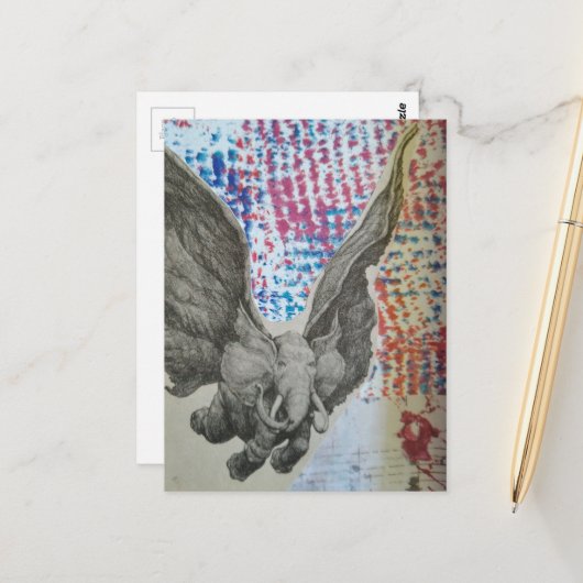 Fantasy-Fliegender-Elefant-Collage Postkarte (Vorderseite/Rückseite Beispiel)
