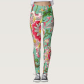 Fantasy Floral Oriental Chinoiserie auf Grün Leggings (Vorderseite)