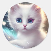 Fantasy Fluffy White Cat Runder Aufkleber (Vorderseite)