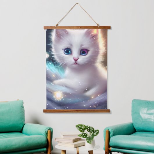 Fantasy Fluffy White Cat Wandteppich Mit Holzrahmen (Wohnzimmer)