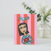 Fantasy Folk Art Lady Bluebird Hearts Liebe Postkarte (Stehend Vorderseite)