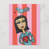 Fantasy Folk Art Lady Bluebird Hearts Liebe Postkarte (Vorderseite)