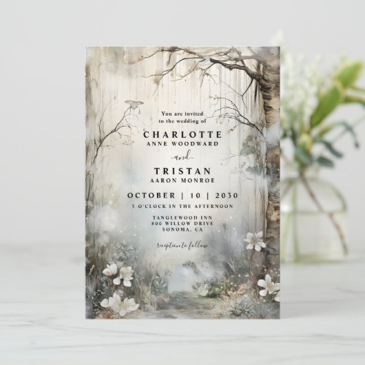 Fantasy Forest Mist Wedding Einladung (Stehend Vorderseite)