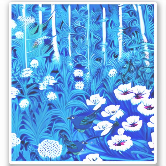 Fantasy Forest mit Blume und Vögeln Aufkleber (Vorderseite)