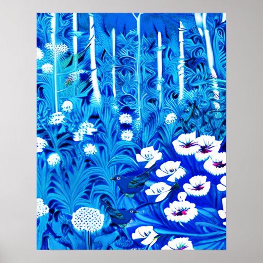 Fantasy Forest mit Blume und Vögeln Poster (Vorne)