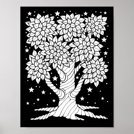 Fantasy Forest Starry Night Tree Coloring Page Poster (Vorne)