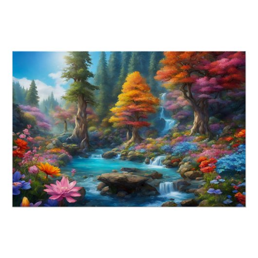 Fantasy Forest, Wasserfall, Blume Poster (Vorderseite)