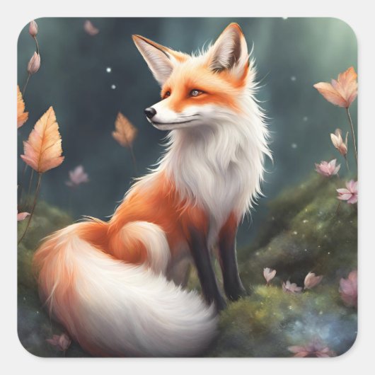 Fantasy Fox Nature Art Quadratischer Aufkleber (Vorderseite)
