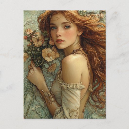 Fantasy-Frau mit Blumen Postkarte (Vorderseite)