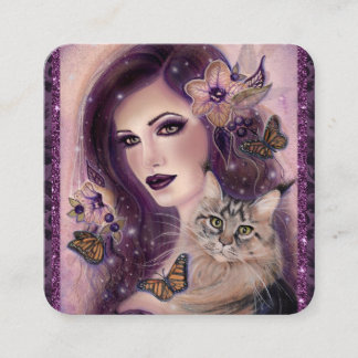 Fantasy-Frauen mit Katze von Renee Lavoie Quadratische Visitenkarte