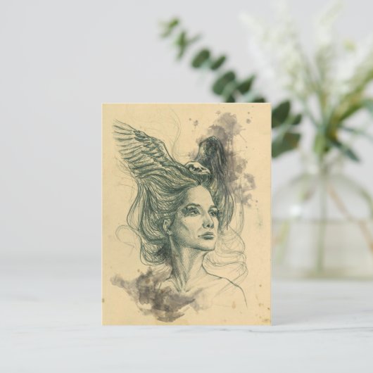 Fantasy Frauenportrait Vogelschädel Wings Surreal Postkarte (Stehend Vorderseite)