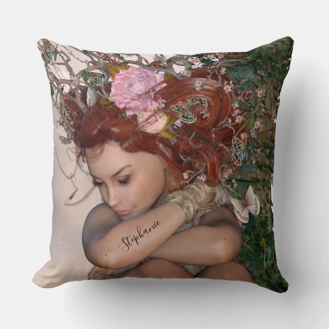 Fantasy Garden Fairy mit rosa Blume Kissen (Vorderseite)