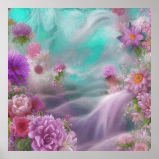 Fantasy Garden mit Blume und rosa Wasserfall Poster (Vorne)