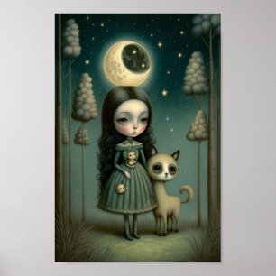 Fantasy Girl im Wald mit dem Mond Poster