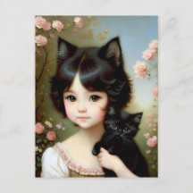 Fantasy Girl with Black Kitten - Vintage Malerei