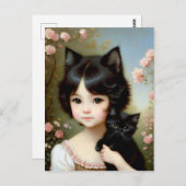 Fantasy Girl with Black Kitten - Vintage Malerei Postkarte (Vorne/Hinten)