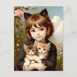 Fantasy Girl with Kittens - Vintage Malerei Postkarte