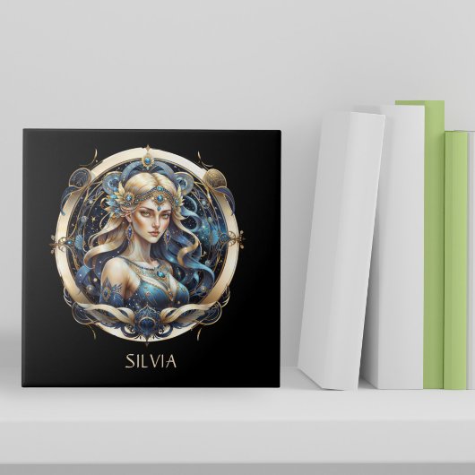 Fantasy Gold Blue Celestial Zodiac Sun Sign Virgo Fliese