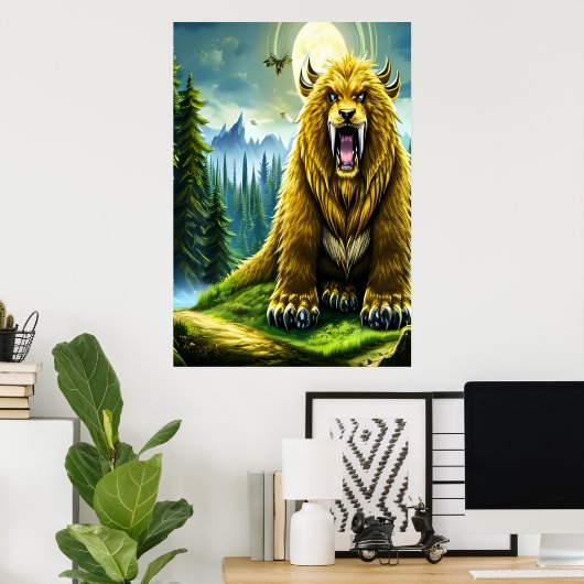 Fantasy Golden Saberzahnbär | AI Art Poster (Heimbüro)
