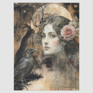 Fantasy Gothic Raven & Girl Kunst-Collage Seidenpapier