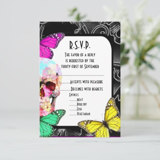 Fantasy Gothic Schädel schwarze Hochzeit R.S.V.P RSVP Karte (Stehend Vorderseite)