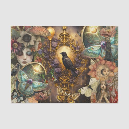 Fantasy-Gotischer-Raben-Collage-Decoupage Seidenpapier (Vorderseite)