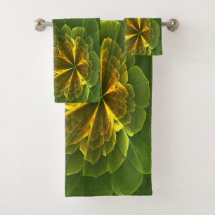 Fantasy Green Yellow Fraktal Blume Badhandtuch Set