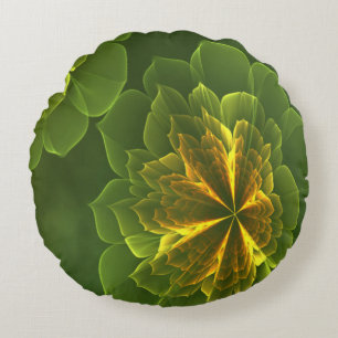 Fantasy Green Yellow Fraktal Blume Rundes Kissen