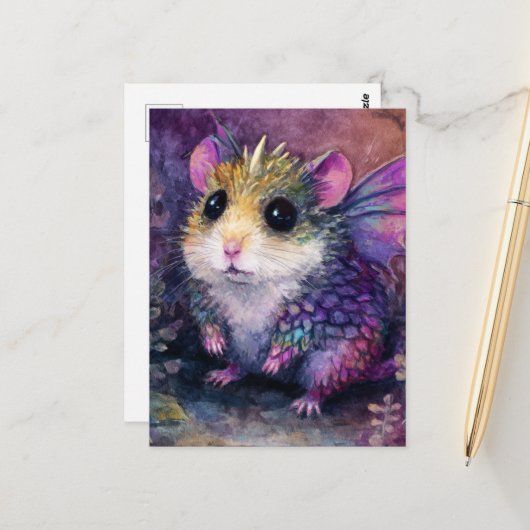 Fantasy Hamster Dragon Watercolor Postkarte (Vorderseite/Rückseite Beispiel)