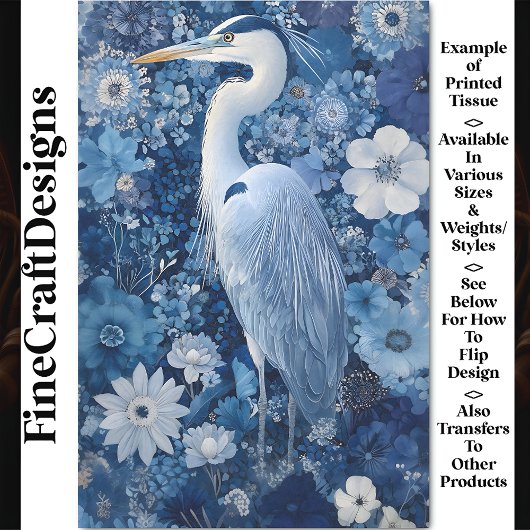 Fantasy Heron Bird with Blue Flowers BV5 Decoupage Seidenpapier