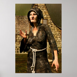 Fantasy-Hexe mittelalterliches Dorf Halloween Poster