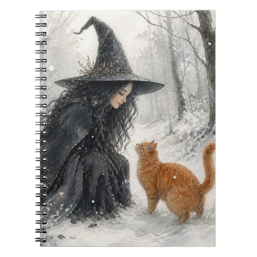 Fantasy-Hexe und rote Katze im Winterwald Notizblock (Vorderseite)