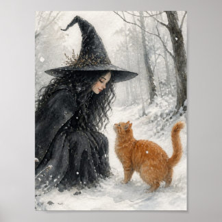 Fantasy-Hexe und rote Katze im Winterwald Poster