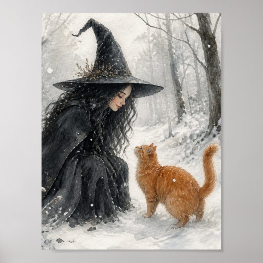 Fantasy-Hexe und rote Katze im Winterwald Poster (Vorne)