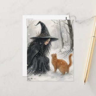 Fantasy-Hexe und rote Katze im Winterwald Postkarte