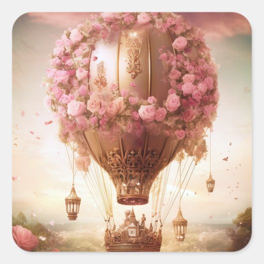 Fantasy Hot Air Ballon Pink Gold Quadratischer Aufkleber (Vorderseite)