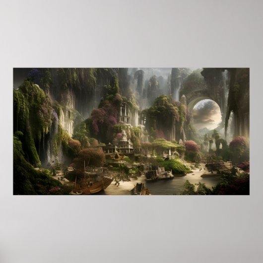 Fantasy Hotel Urlaub mit einer Steinbrücke Poster (Vorne)