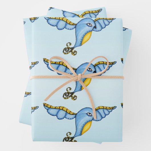 Fantasy Hübsch Flying Bluebird Yellow Scroll Schwa Geschenkpapier Set (Beispiel)