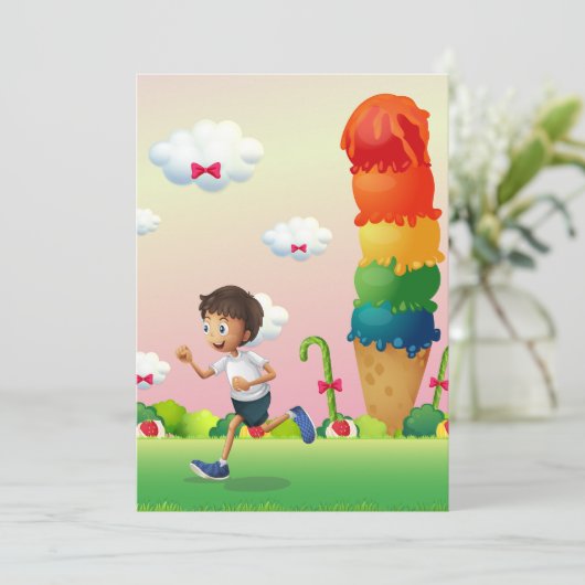 Fantasy Ice Cream Cone mit Happy Running Boy Einladung (Stehend Vorderseite)