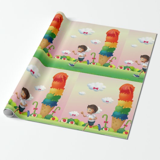 Fantasy Ice Cream Cone mit Happy Running Boy Geschenkpapier (Ungerollt)